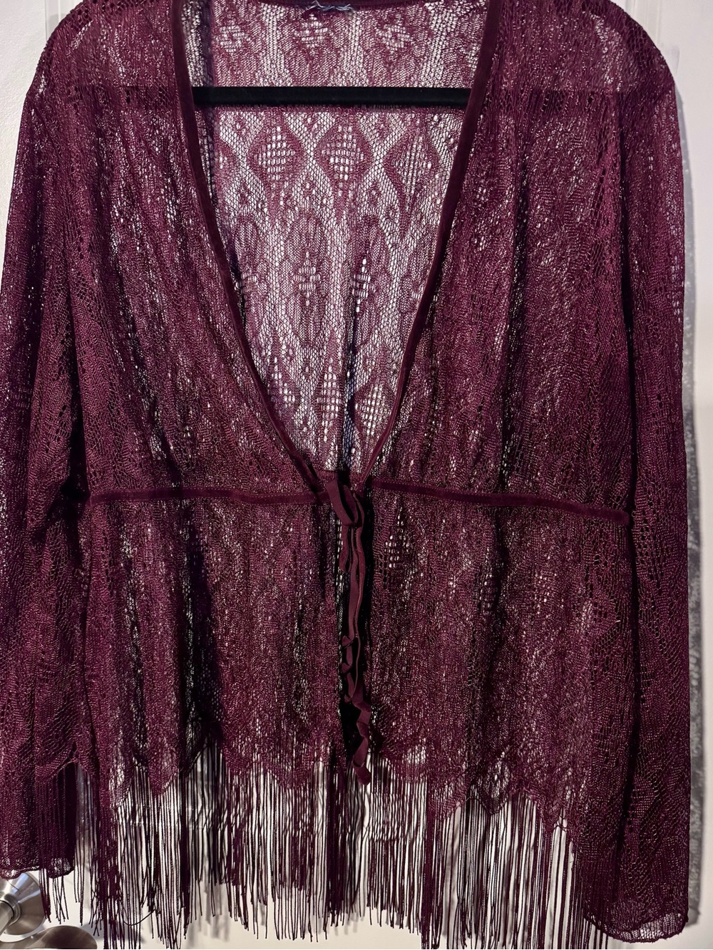 Sheer Lace Fringe Kimono Cardigan - Deep Plum
